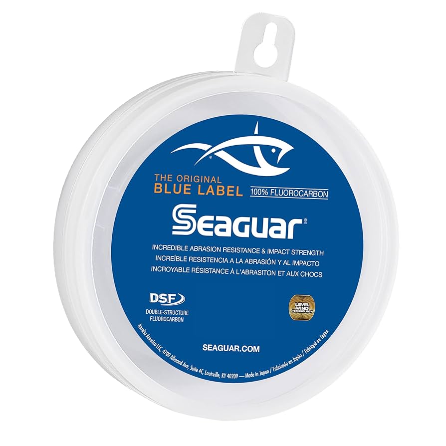 Seaguar Blue Label fluorocarbon fishing line packaging on a white background