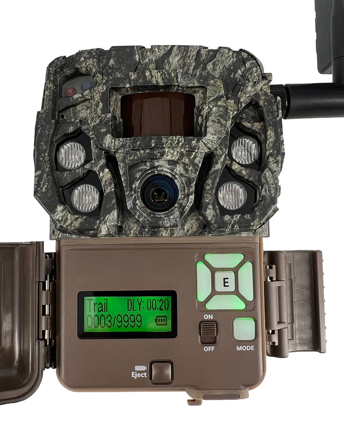 Camouflage-patterned wildlife camera with antenna on a white background