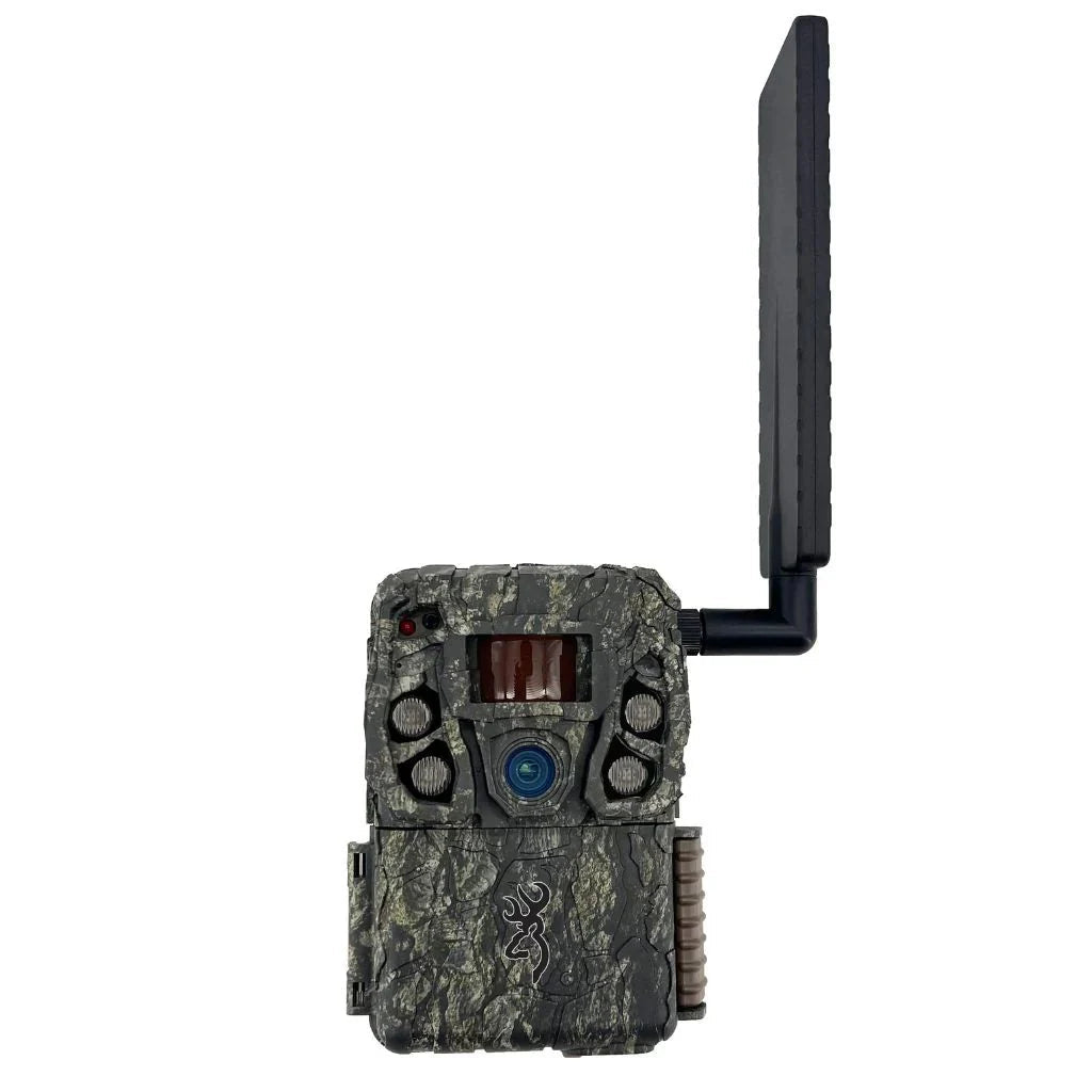 Camouflage-patterned wildlife camera with antenna on a white background