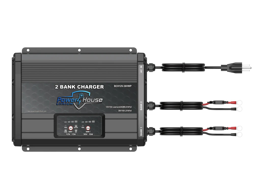 Power House 2-BANK WATERPROOF BATTERY CHARGER 12V-36V