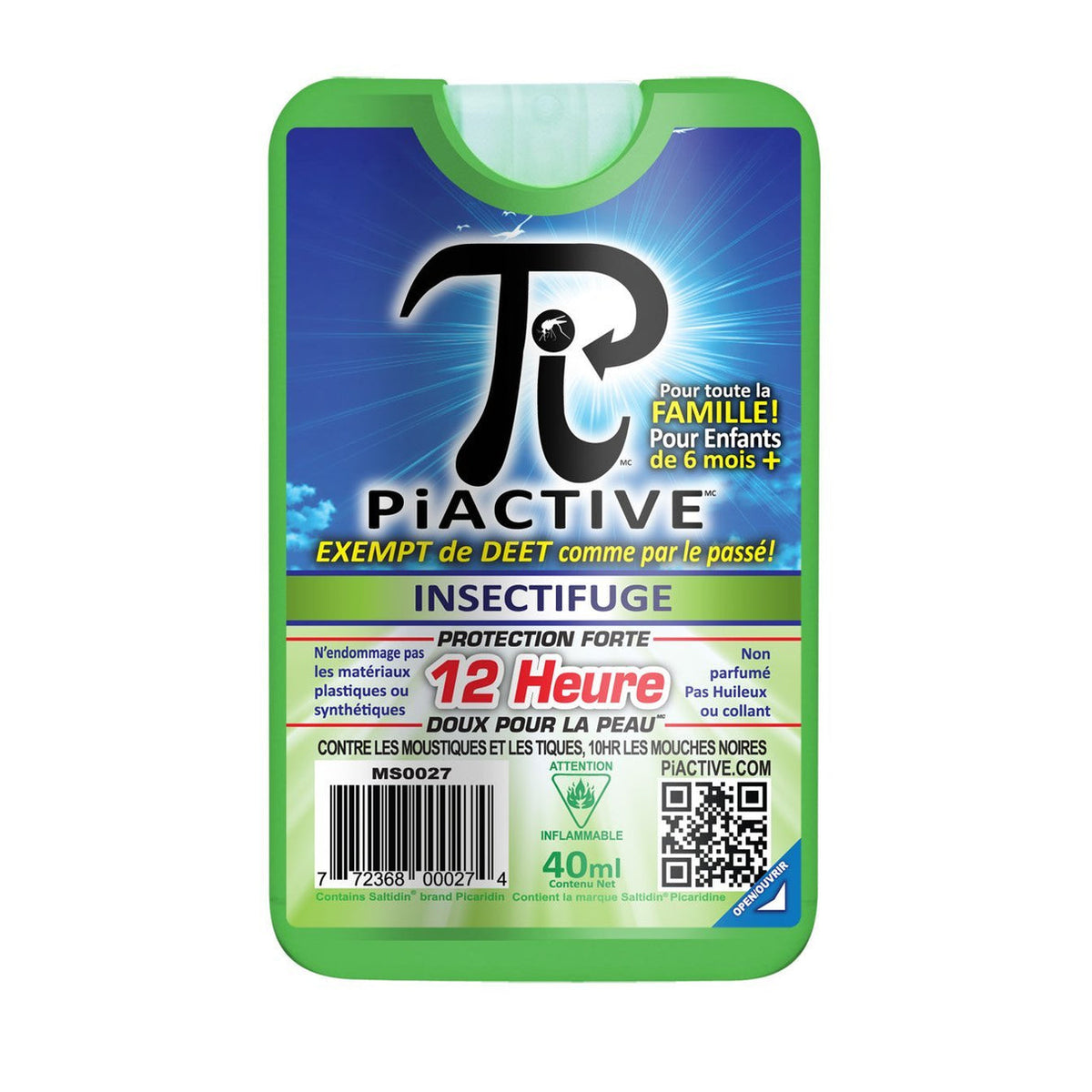 PiActive 12-Hour DEET-Free Mosquito/Insect Repellent Spray