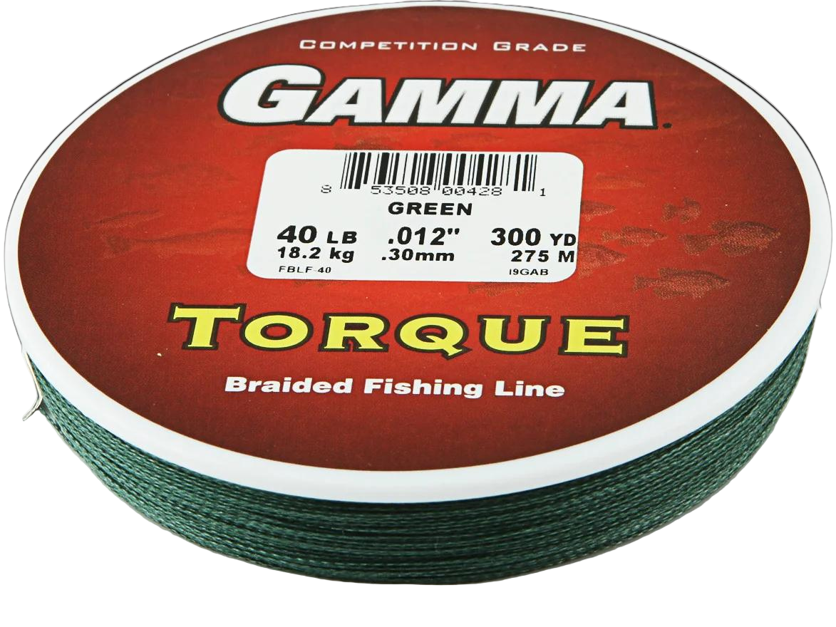 Spool of Gamma Torque braided fishing line on a white background