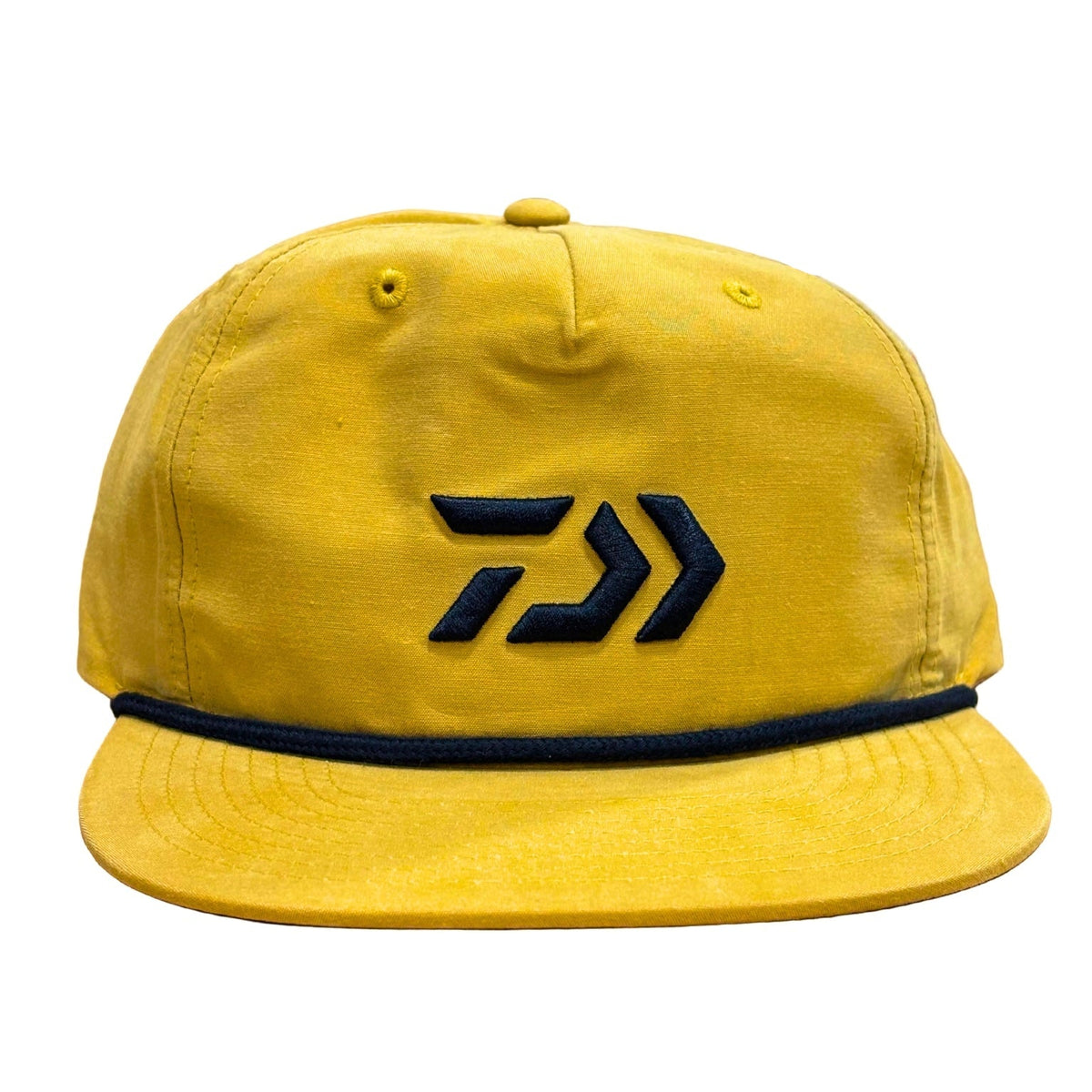 A yellow flat-brim cap featuring a dark navy blue embroidered Daiwa fishing logo on the front and a matching navy blue band around the crown, set against a plain white background.