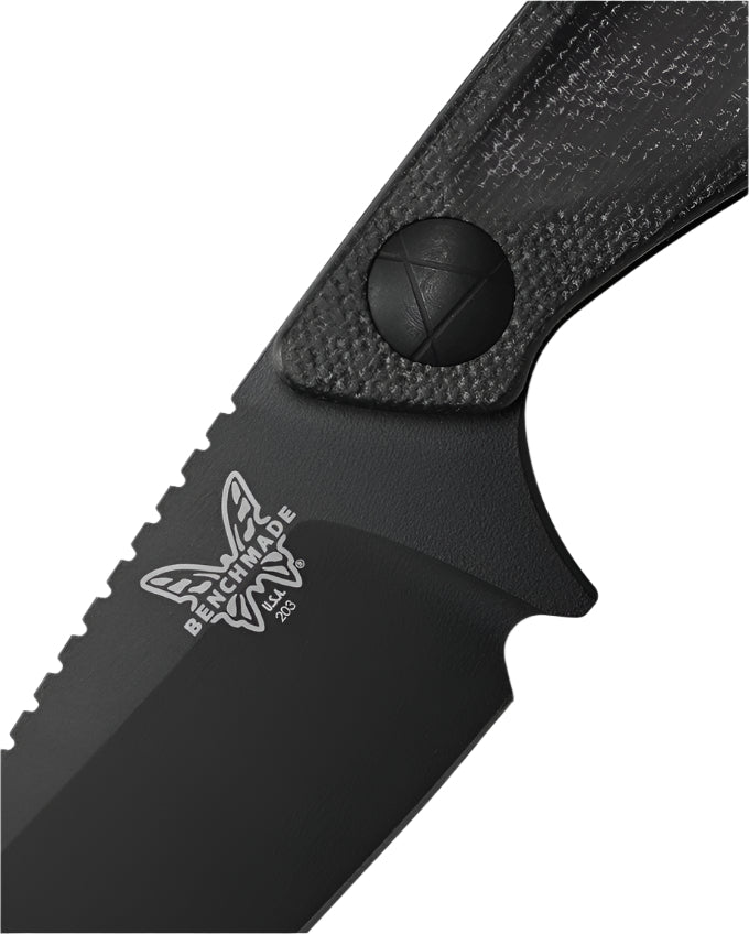 Close-up of a black knife with a brand logo on a white background