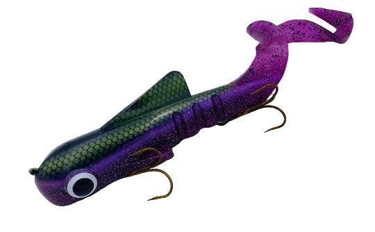 Purple and green fishing lure on a white background