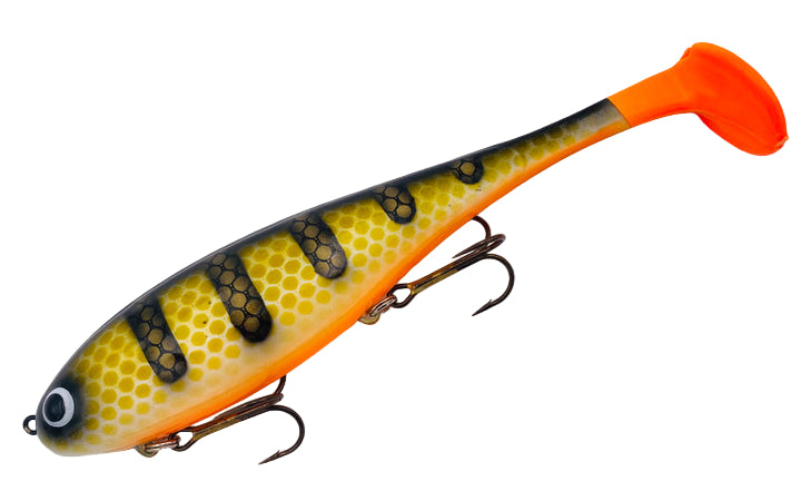 A fishing lure with a yellow and black body, orange tail, and two sharp black hooks.