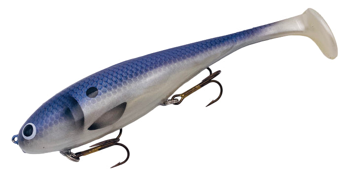 A fishing lure with a yellow and black body, orange tail, and two sharp black hooks.