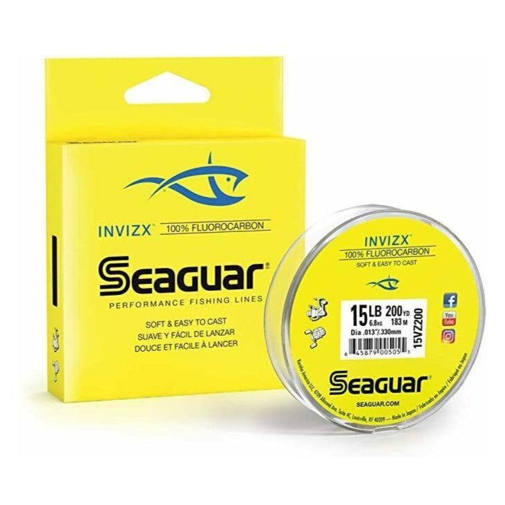 Seaguar Invizx fishing line with yellow packaging on a white background