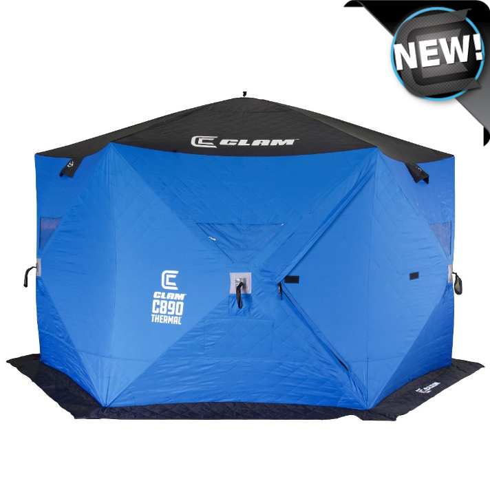 Clam C-720 Portable 6 X 12 Ft Pop-Up Ice Fishing Thermal Hub Shelter Tent Blue