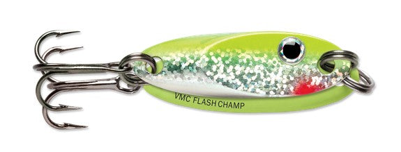 VMC Flash Champ Ice Fishing Spoon - Glow Green Fire UV, 1/16oz, 1in