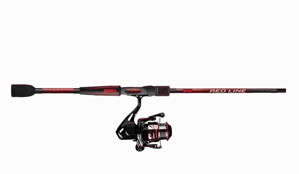 A Rapala fishing rod and reel combo with a predominantly black and red color scheme.